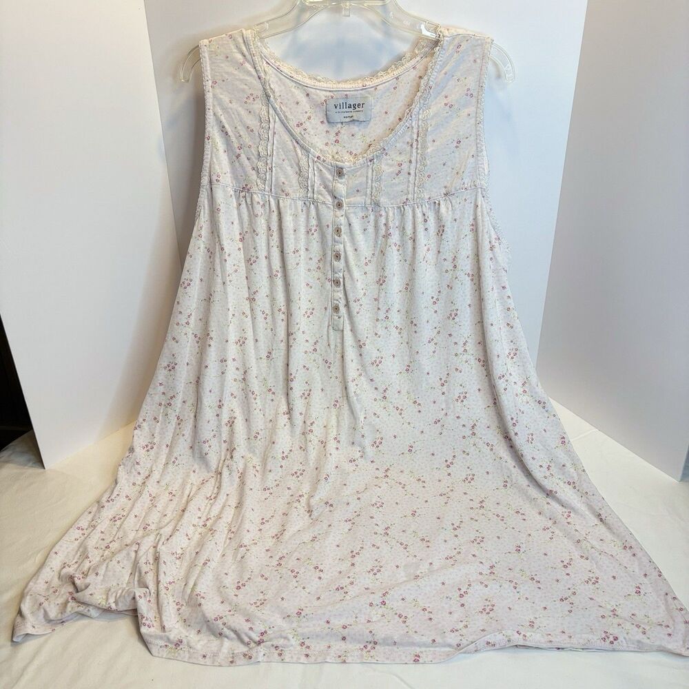 Vintage Villager Nightgown White & Pink Floral  Lace Trim  Cottage Core Prairie